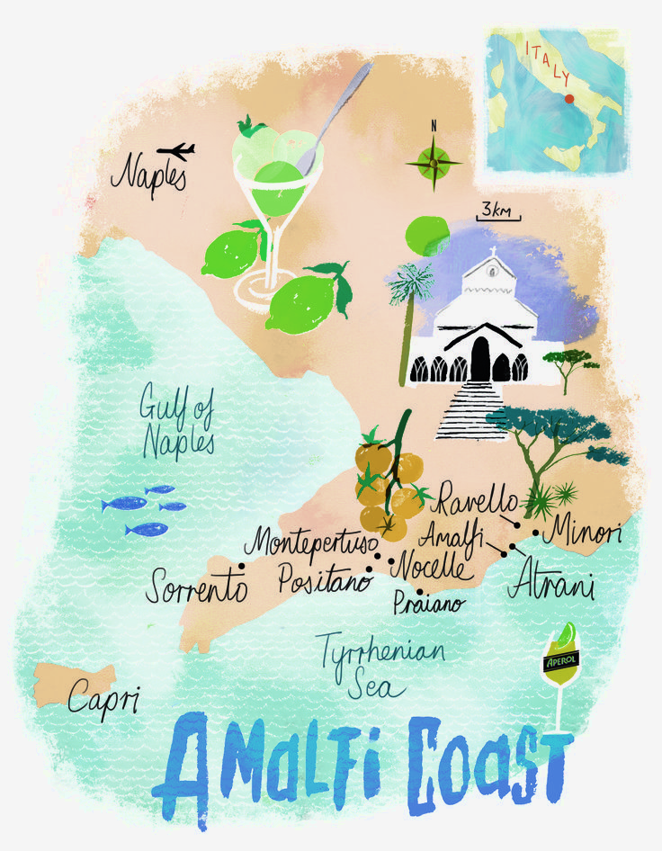 Illustrated map of the Amalfi Coast by Scott Jessop